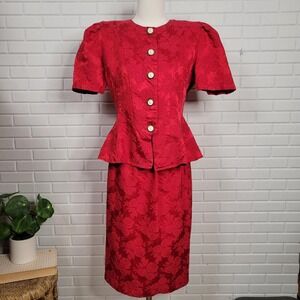 80s vintage peplum skirt set  lipstick red rose damask Ultra Dress size 10